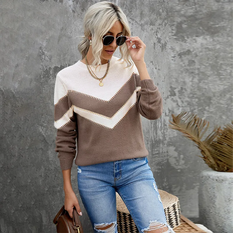

European and American Sweaters Autumn Winter New Color Contrast Splicing Round Neck Casual Knitted Women's Wear