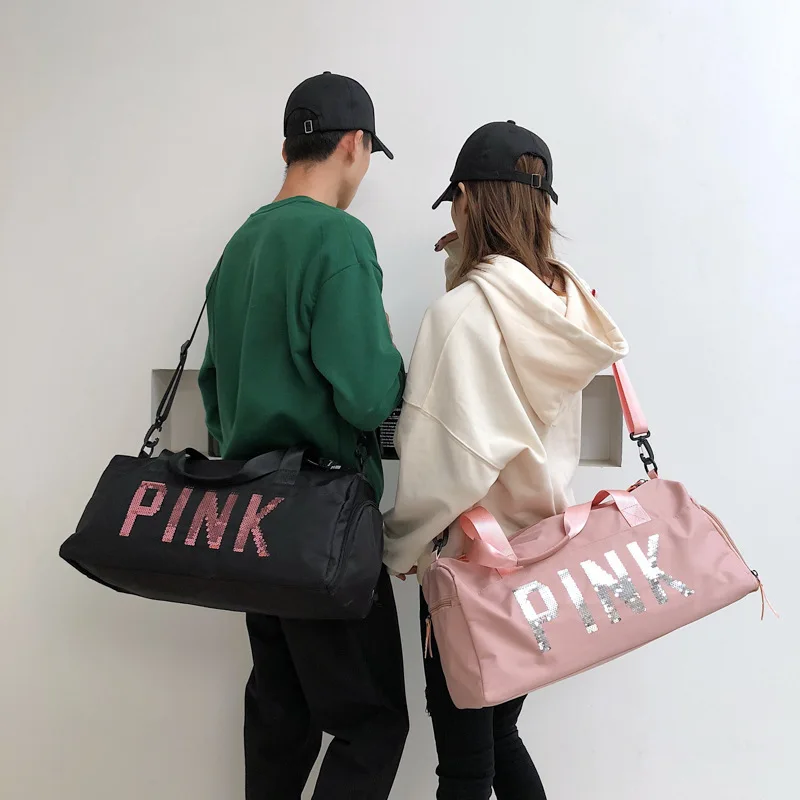 The latest design sequins PINK letter fitness bag dry and wet separation sports shoulder Messenger couple handbag travel | Спорт и
