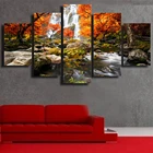 5 панельных осенних картин с изображением водопада и леса, настенные плакаты, домашний декор, холст с HD-принтом, картины, украшение для гостиной