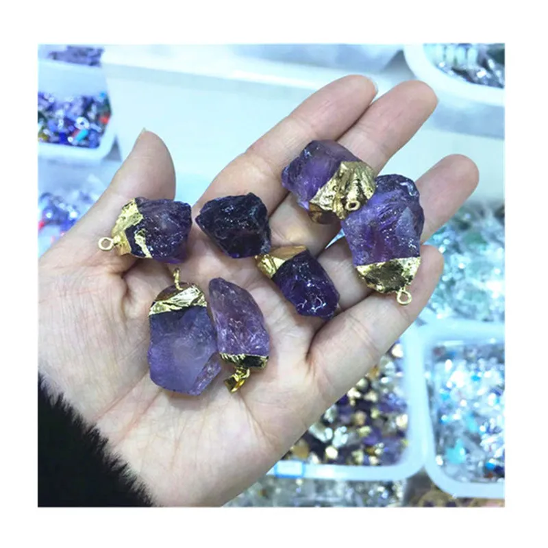 

Natural Carved Gold Plated Rough Amethyst Pendant Crystal Healing Stone For Sale