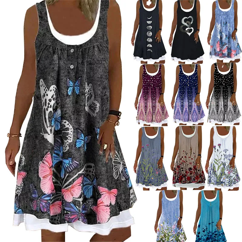 

2021 Women Summer Dress Fashion Butterfly Print Sleeveless Casual Loose A-line Vintage Beach Dresses Plus Size Women's Clothing