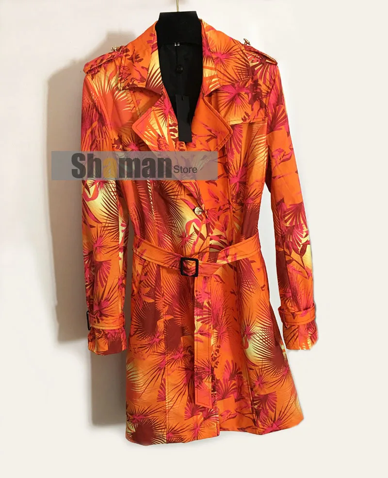

luxury designer women fashion clothes branded vintage Leaves Printed Belt Waist Long Sleeves Dress Mid-Length trench Coat coats
