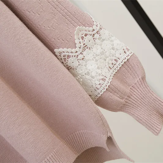 

Lace Stitching Knitting Pullover Sweater A Word Grid Skirt Women 2 Pcs Clothing Set Outfit Leisure Sweet Fashion Vogue Knitwear