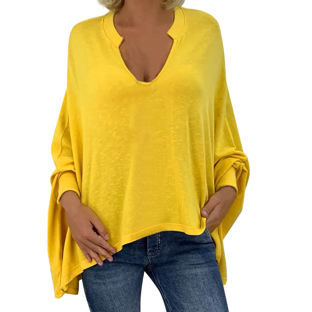 feitong Blouse Female Clothing Women's Loose Plus Size Solid Long Sleeve V-neck Pullover Blouse Tops Shirt Plus Size 5XL