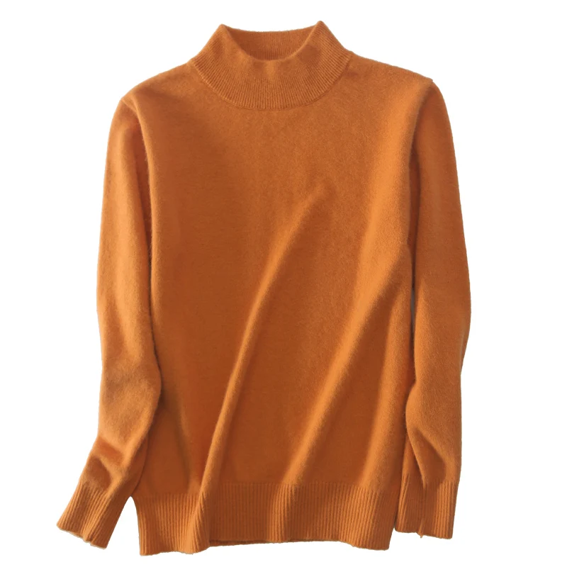 Женский классический однотонный пуловер с полувысоким воротником и длинными