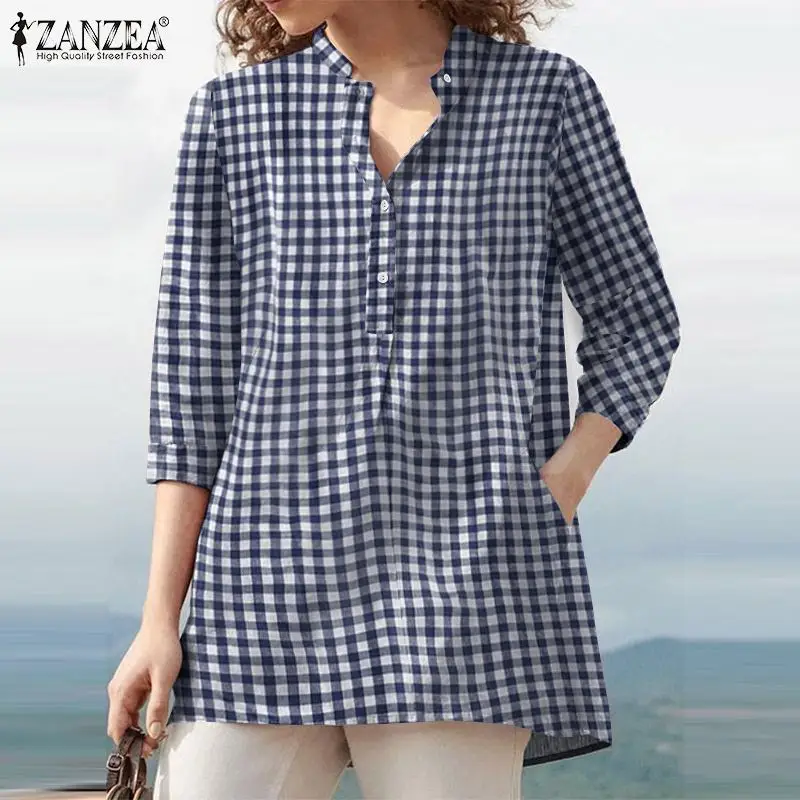 

Осенняя женская блузка ZANZEA с рукавом 3/4, богемная женская рубашка с V-образным вырезом и сетчатым принтом, модные повседневные свободные топ...