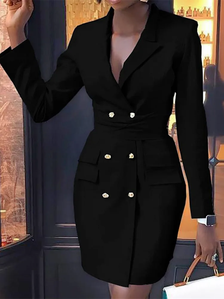 

2020 Women Autumn Fashion Elegant Office-Lady OL Workwear Casual Mini Dress V-Neck Double Breasted Formal Bodycon Dress