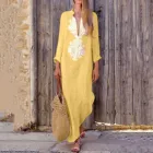 Женское винтажное платье с длинным рукавом, V-образным вырезом и разрезом на подоле, мешковатый кафтан, длинное повседневное платье, 2021