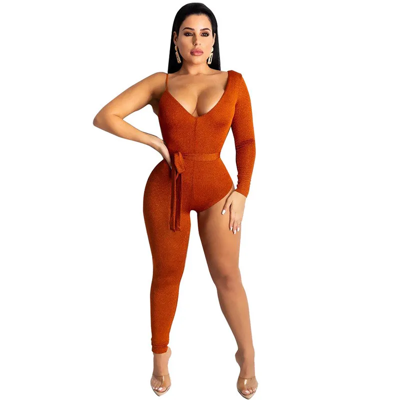 

Sexy Party Jumpsuit Romper Women Autumn Winter Long Sleeve V-neck Asymmetrical Skinny Night Going Out Club Overalls with Sashes