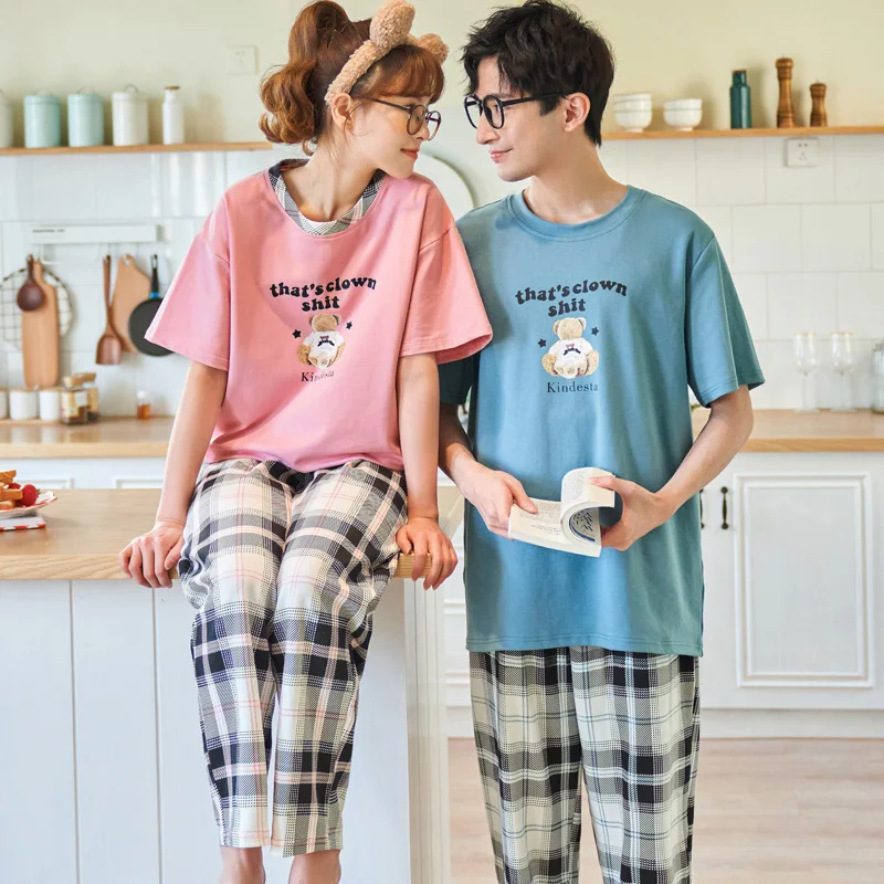 

Couple Pajamas Sets Women Cotton Cartoon Fashion Plaid Sleepwear Plus Size Men's O-Neck Hedging Short Sleeve Trousers Homewear