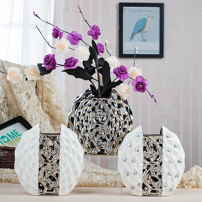 

Modern simplicity Ceramic Vase Hand Inlaid Drill plating White/silver Arrangement Flower Art Vases wedding home decoration