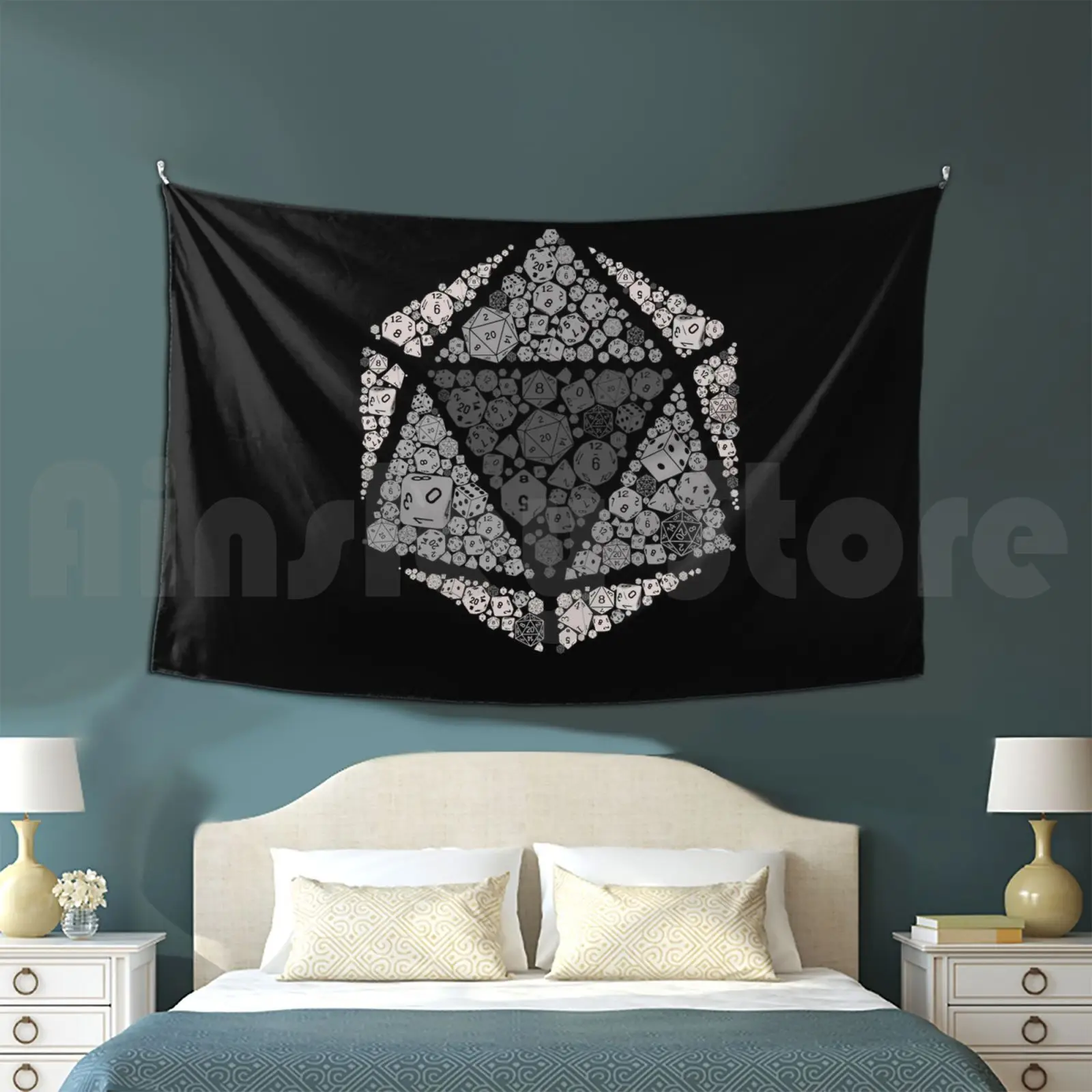 

D20 Tapestry Background Wall Hanging Di Dice Dnd Nerd Geek D20 D4 D6 D8 D12 D10 Rpg Black And White Vector