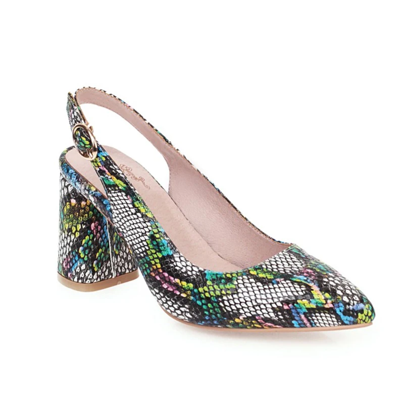

Europe Foreign Popular Color Snake Pattern with Thick Heel Pointed Toe High Heels Slingbacks Sandals Pumps for Women and Ladies
