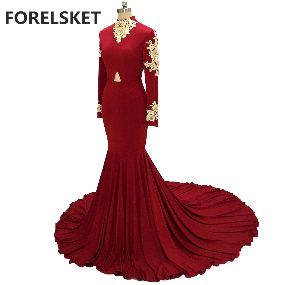 

Jersey Burgundy Mermaid Prom Dresses Spandex Lace Appliques 2020 Red Evening Dresses Long Sleeves Formal Party Gowns Court Train