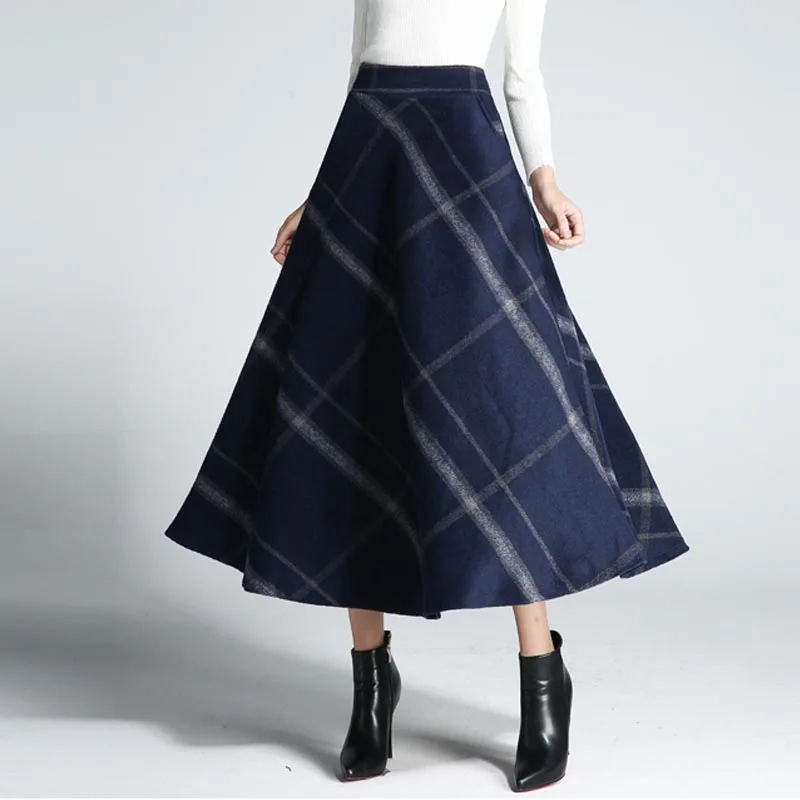 navy blue plaid SymorHouse/осенне-зимняя повседневная трапециевидная Женская юбка длиной до щиколотки в стиле ретро, шерстяная клетчатая Классическая плотная Теплая юбка - Цвет: navy blue plaid