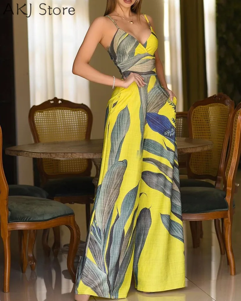 

Women Floral Print Wide Leg Casual Jumpsuit