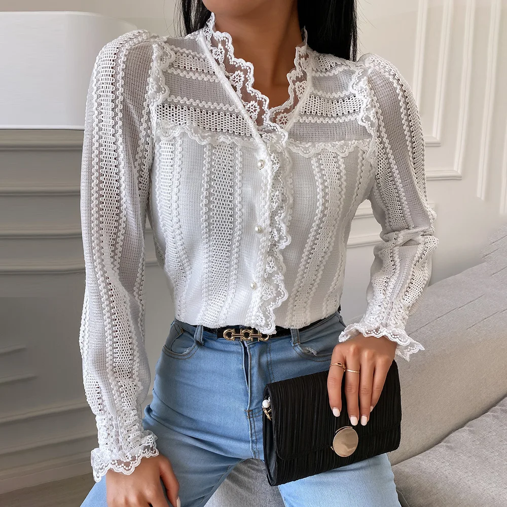 OL Commute V-Neck Ruffle Lace Bottoming Shirt Blouse Female Long Sleeve Sweet Embroidered Buttons Design 2021 Spring green lace pockets design v neck long sleeves blouse