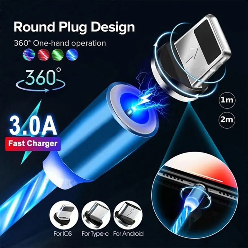 

3 in 1 USB Cable New 360 USB LED Flowing Magnetic Charger Charger Phone Charging Cable