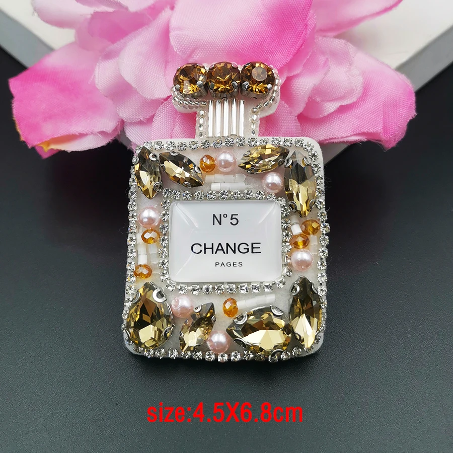 Beaded rhinestone patch high-end luxury shiny perfume bottle brand logo patch yellow Appliques on clothes cute patches