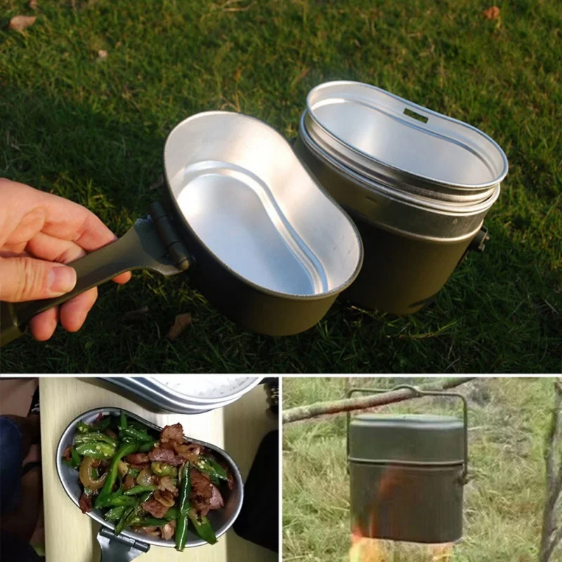 

Portable Military Green 3pcs In 1 Camping Cookware Cook Set Hiking Survival Lunch Boxes Pot/Bowl Army Mess Kit