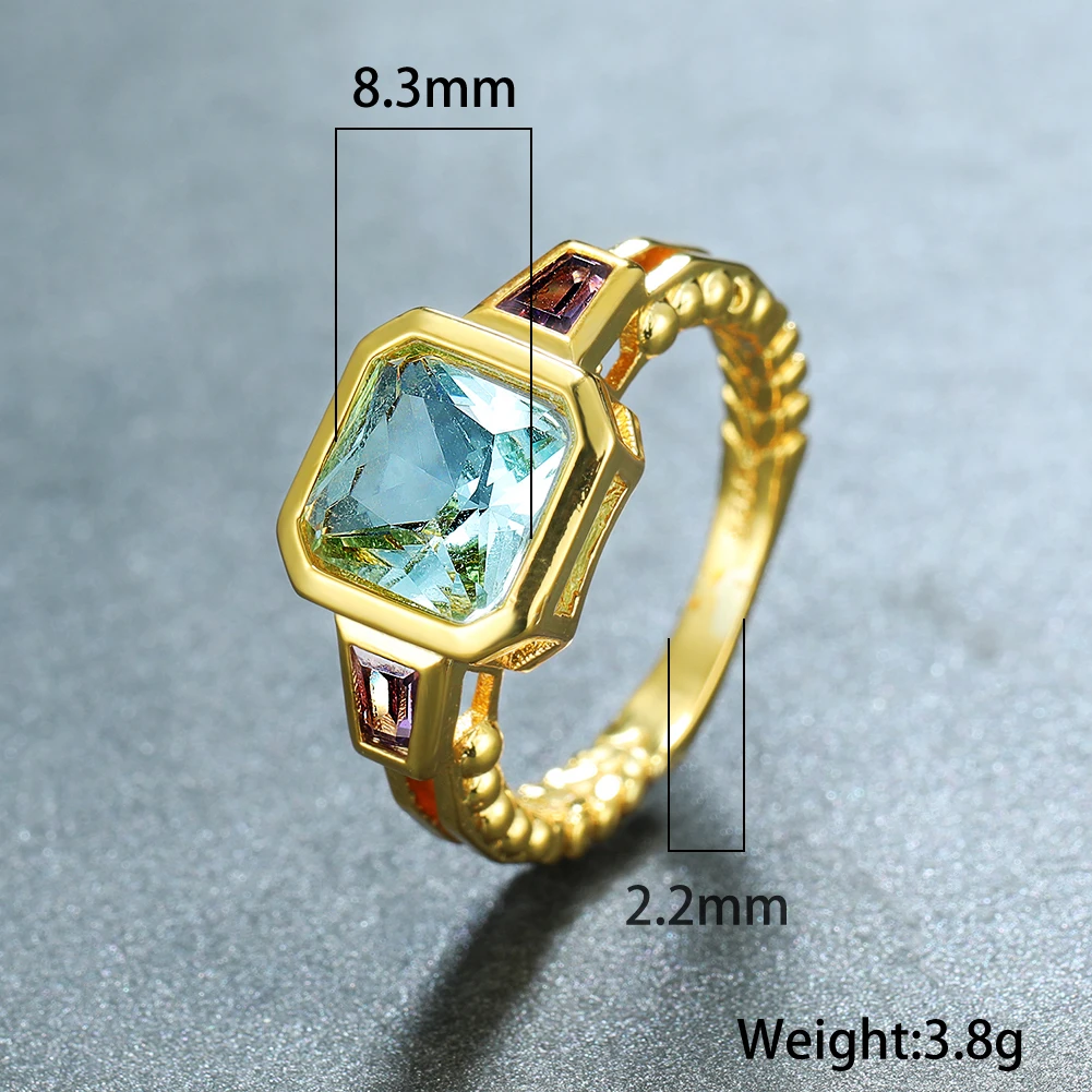 

Luxury Female Crystal Light Blue Stone Ring Vintage Yellow Gold Color Wedding Rings For Women Square Zircon Engagement Ring