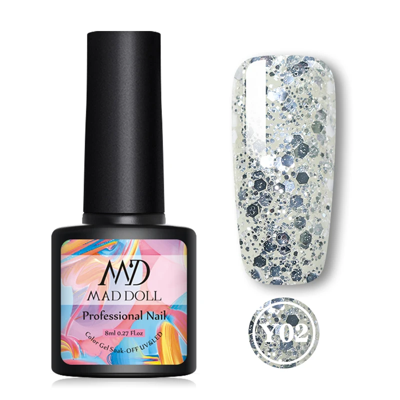 Y02 MAD DOLL, 8 мл, блестящий гель, матовый лак для ногтей, розовое золото, блестящий лак, замочить от УФ-ногтей, Гель-лак - Цвет: Y02