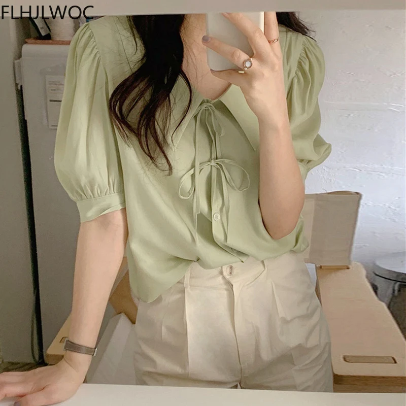Summer Women's Cute Peter Pan Collar Bow Tie Tops Green Preppy Style Vintage Japaneses Korea Design Cross Criss Shirts Blouses