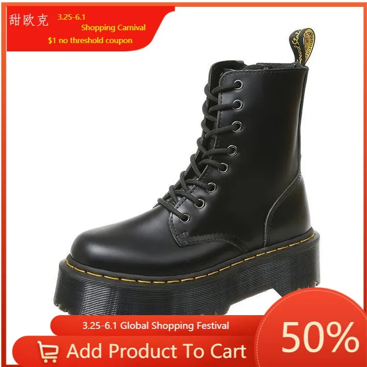 

Женские ботинки на платформе Martens, черные кожаные ботильоны, Женская обувь в стиле панк, мотоциклетные ботинки на толстой подошве, 2020