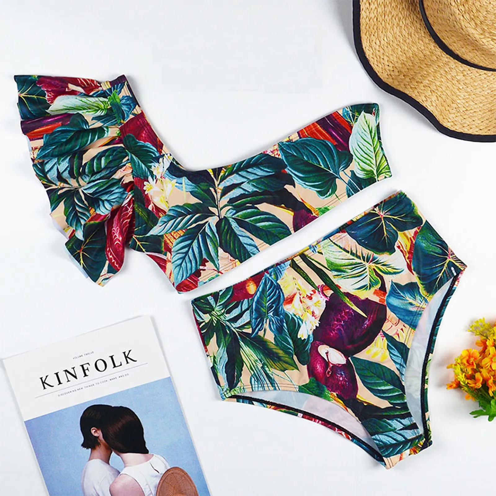 

One Shoulder Strapless Sexy Bikini Set Coconut Flora Print Padded Swimwear Women Swimsuit Bikini Set Beachwear Biquini Bikini