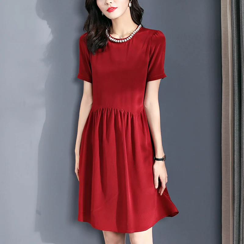 Real Silk Women's Summer Dresses Elegant Beading O-neck Short Sleeve Women Mid Dress Red Solid Woman A-line Knee-length Dress