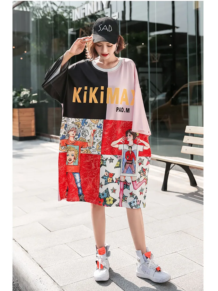 

Extra large size loose summer tide brand fat mm cover belly t-shirt dress personality stitching printing t-shirt street cool top
