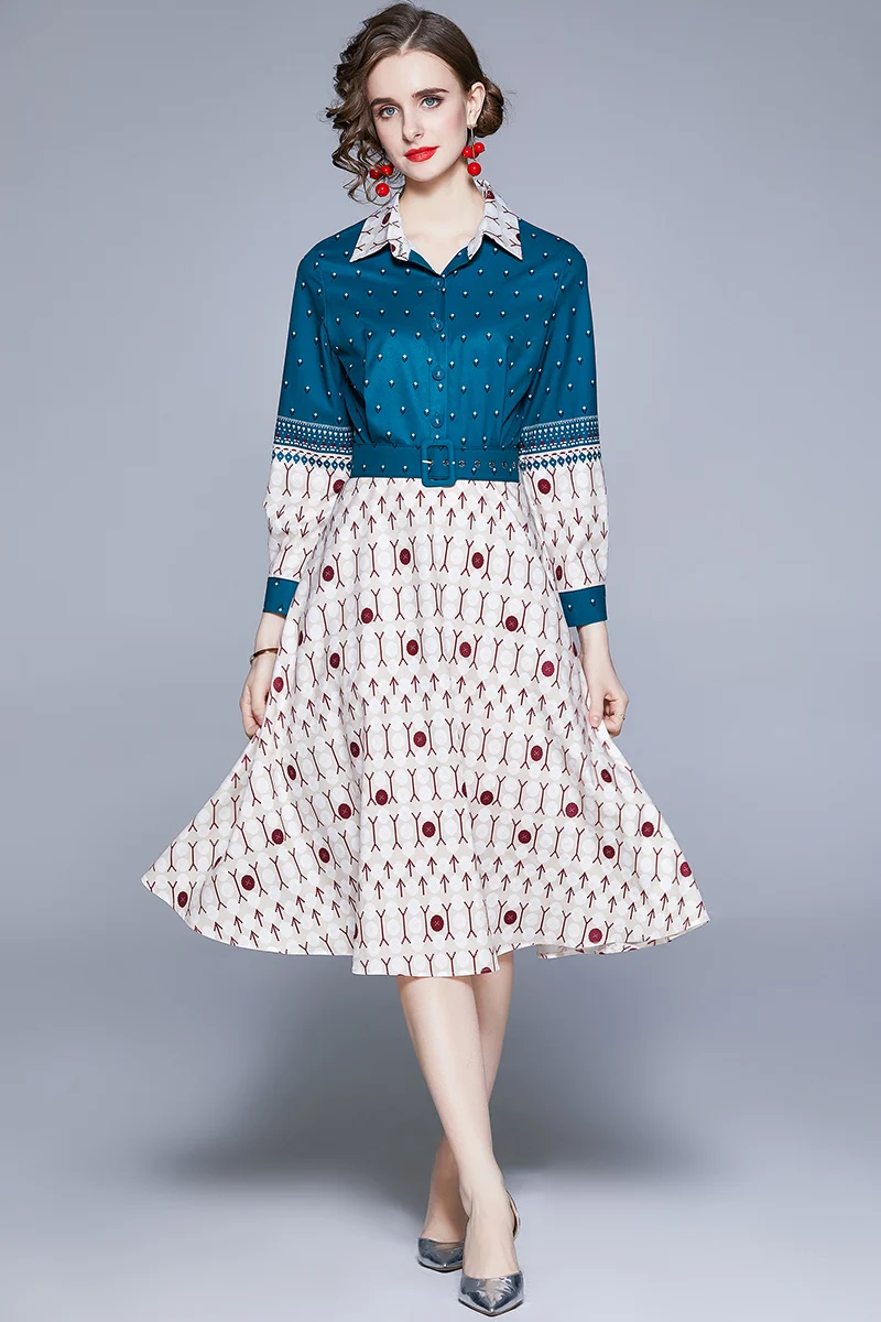 

COIGARSAM Vintage Print Women dress New Turn-down Collar Dresses Green A332