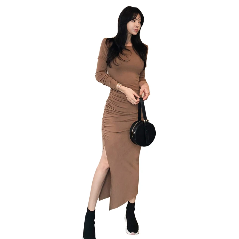

COIGARSAM Knitting Women dress New O-Neck Thin Dresses Brown 1966
