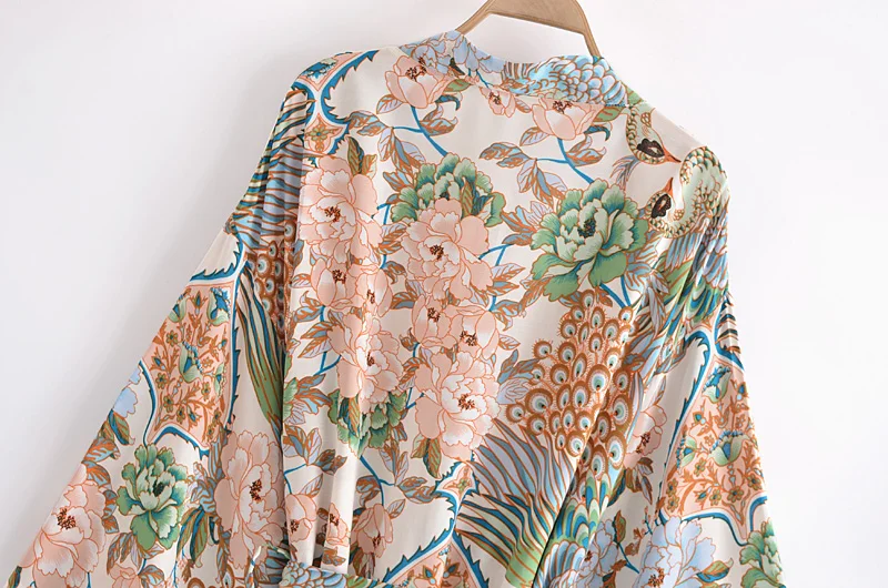 Женское винтажное кимоно с цветочным принтом V-образным вырезом и рукавами