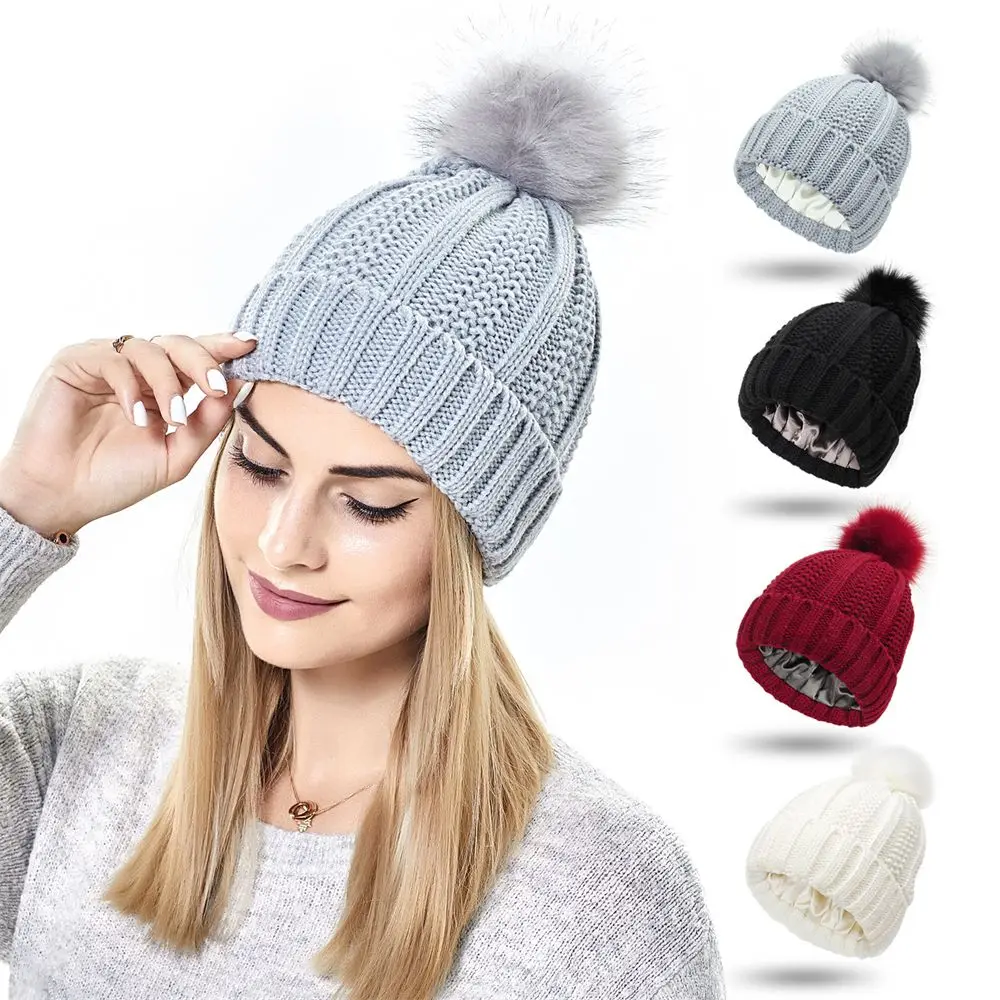 

Fashion Stretchy Satin Lined Skull Cap Knit Hats Beanie Hat for Women Faux Fur Pom Pom Hat Winter Keep Warming Beanie Hat