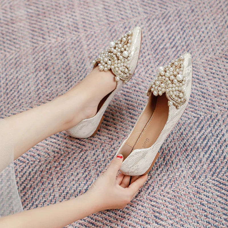Designer Beads wedding shoes women 2021 lace embroider flats woman ballerina pointed toe pearl loafers sneakers plus size 35-43 | Обувь