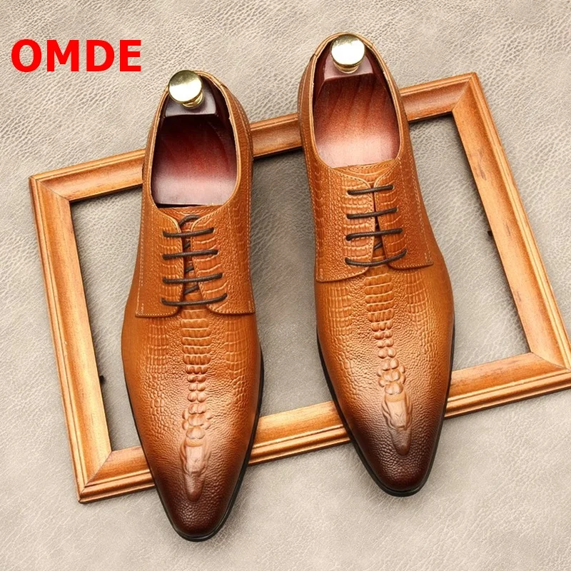 

OMDE New Arrival Pointed Toe Lace-up Men Dress Shoes Genuine Leather Formal Shoes Luxury Crocodile Pattern Wedding Shoes