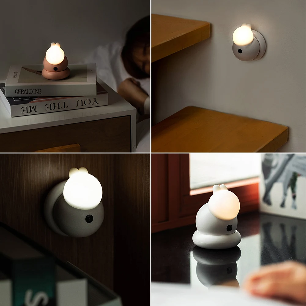 

Soft Silicone Hotel Baby Nursery USB Charging Human Body Induction Cute Rabbit LED Night Light Tap Control Mini Battery Powered