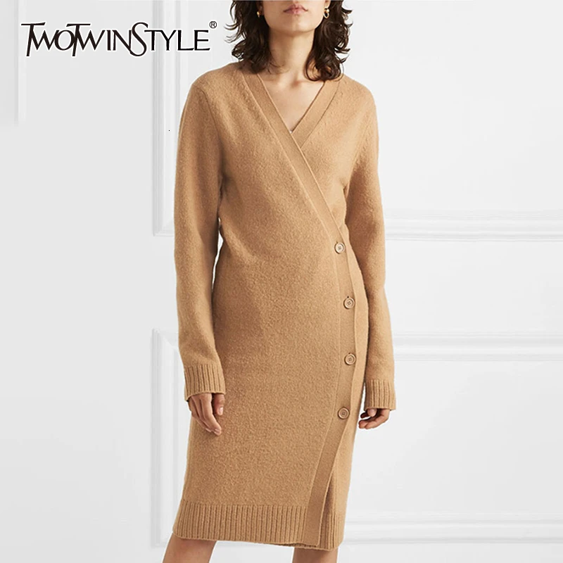 TWOTWINSTYLE повседневный Асимметричный вязаный женский свитер v образный вырез