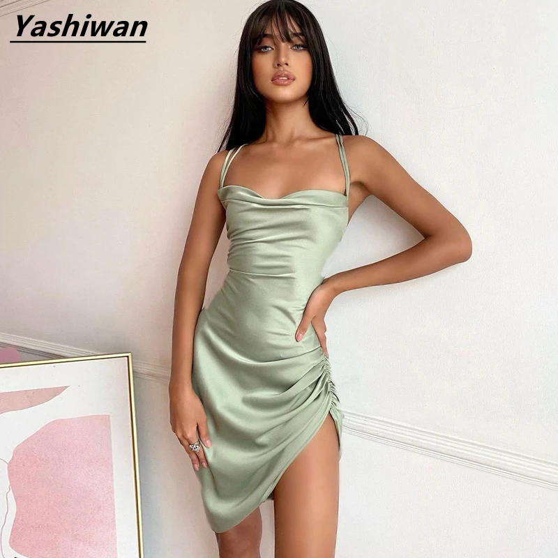 

Satin Women Strap Mini Dress Ruched Lace Up Cross Bandage Backless Bodycon Sexy Party Elegant 2021 Club Christmas Slim