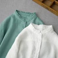 spring autumn new women basics all match loose japanese style sweet comfortable water washed linen shirtsblouses