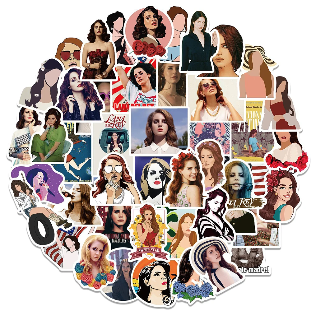 Pegatinas de Singer Lana Del Rey para ni&ntilde;os, pegatinas de bricolaje para coche, guitarra, tel&eacute;fono, motocicleta, port&aacute;til, nevera, impermeable, grafiti, pegatina de juguete, 10/30/50 Uds.-1