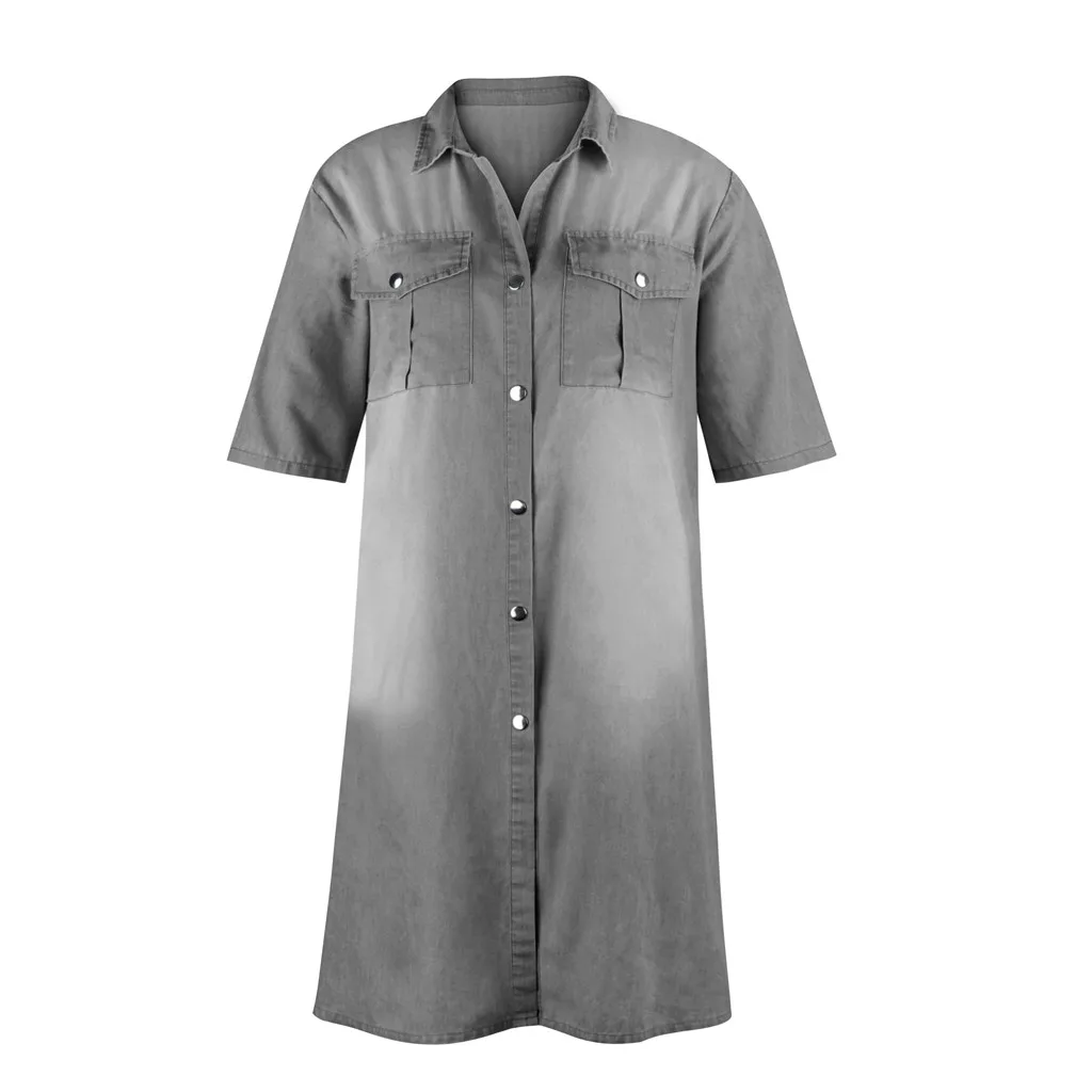 

40# vintage denim straight dress for woman pockets Batwing Loose Turn-down dress 2021 collar Short Sleeve Knee Length Dress