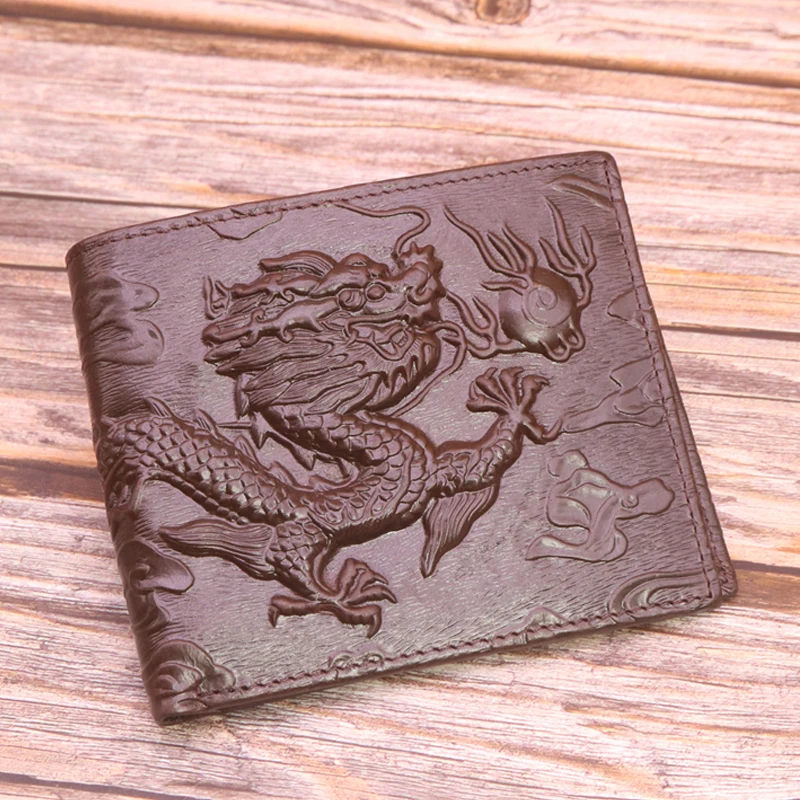 

New Vintage Embossed Dragon Wallets For Men Genuine Leather New Designe Coin Purses Card Holder Male Short Wallet High Quality