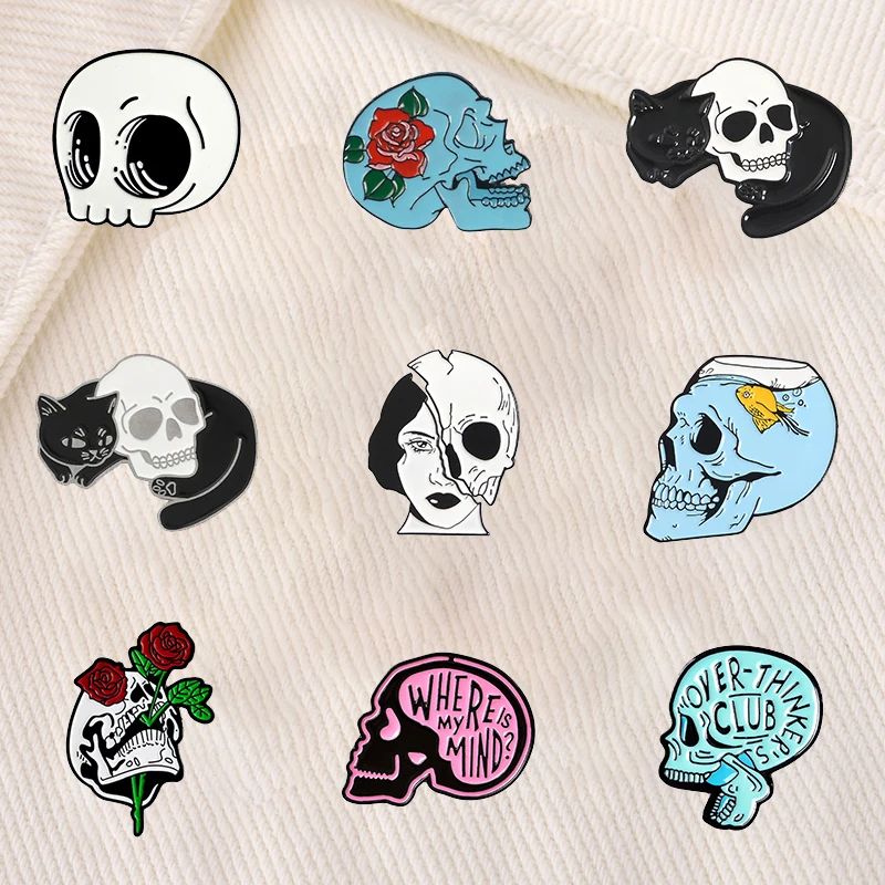 

Punk Skull Series Brooches for Men Women Cat Rose Skeleton Enamel Pin Metal Badge Gothic Lapel Pin Jewelry Gift's 2021 Wholesale