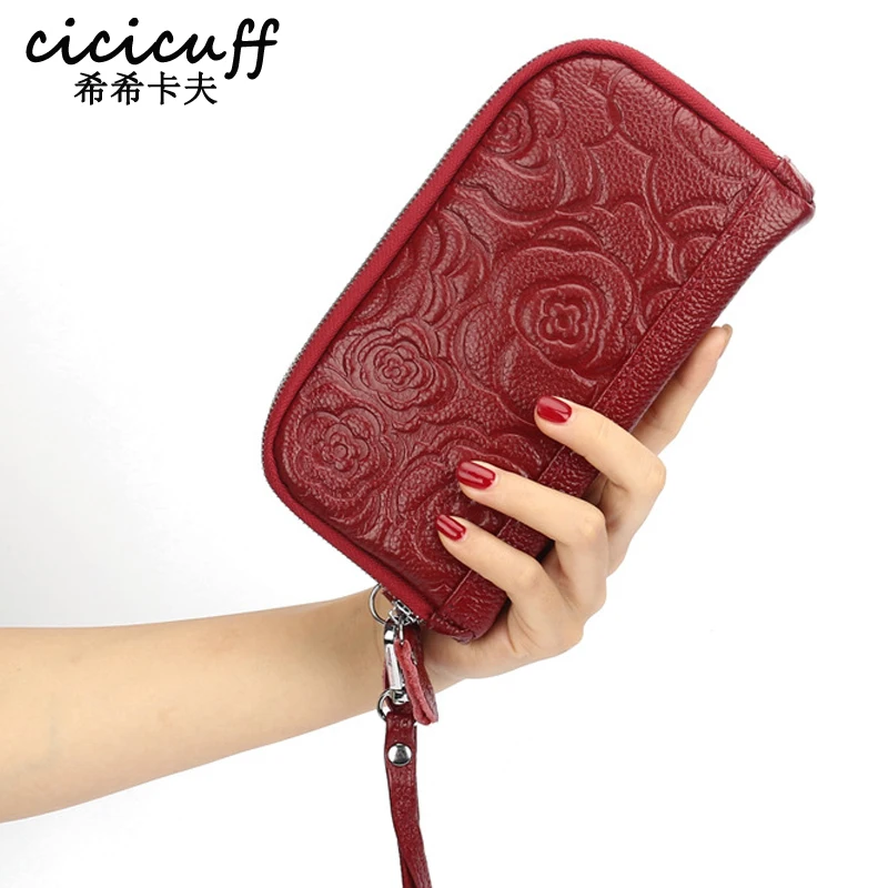 

Genuine Cow Leather Women Long Clutches First Layer Cowhide Ladies Double Zipper Purse Female Flower Money Bag Clutch Phone Bags