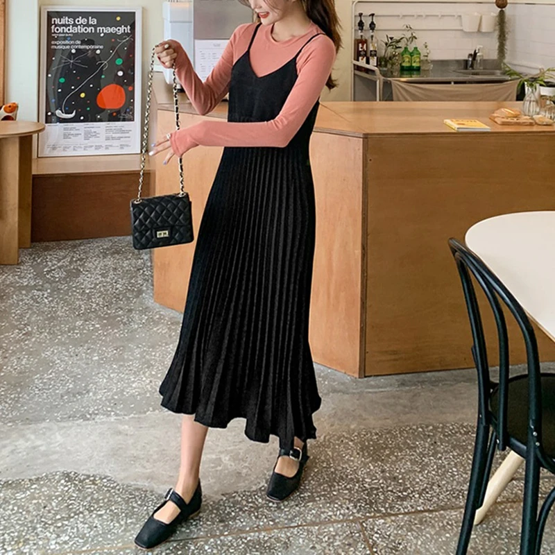 

Chic Korean Pleated Dress Women 2021 Spring Summer Spaghetti Strap Sleeveless Long Sundress Plus Size Party Dress Vestidos