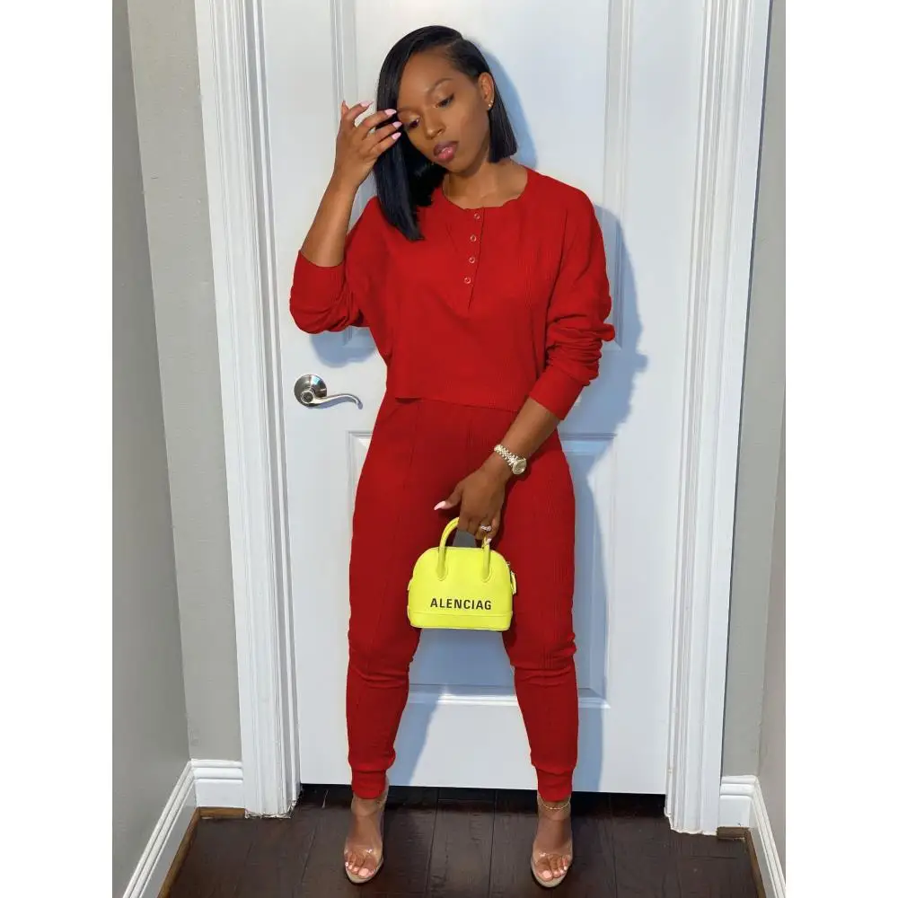 

Solid Color Two Piece Sportswear Sets Women's Crew Neck Long Sleeve Button Loose T Shirt Top Rib Knit Slim Fit Long Sweatpants