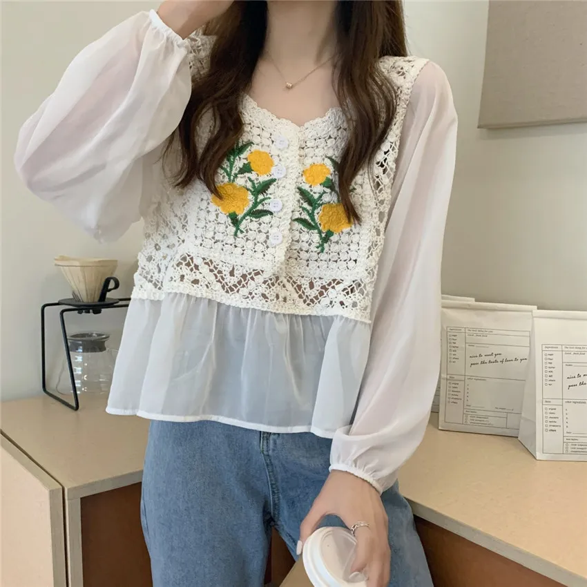 Укороченный топ с цветочной вышивкой в стиле бохо шифоновая блузка длинным
