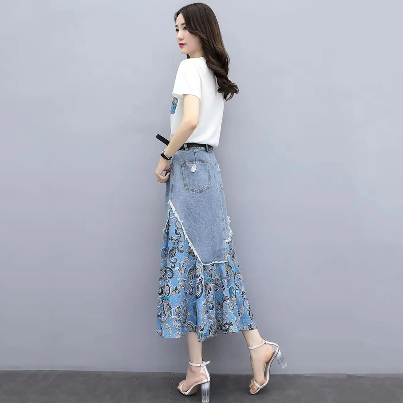 

New 2021 Korean Style Women Denim Patchwork Pleated Skirt Elastic Waist Mid Calf Length Ladies Unique Casual Y2k Jean Skirt